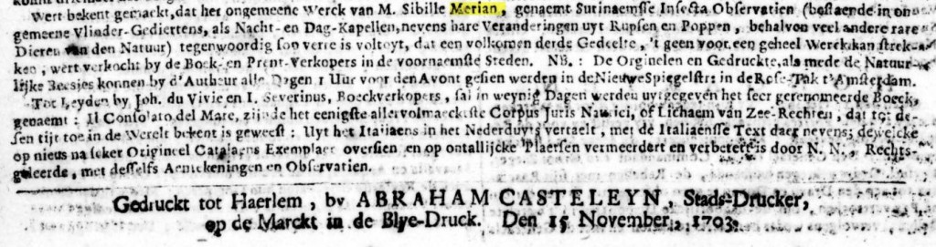 advertentie merian Opregte Haerlemsche courant 15-11-1703